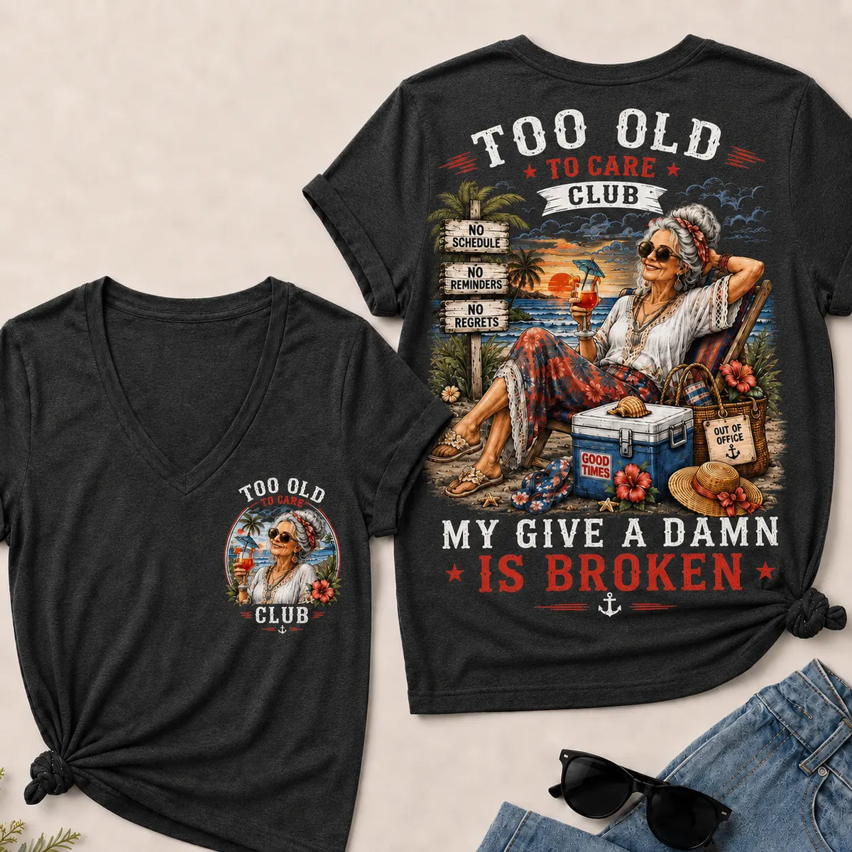 Too Old to Care Club – Out of Office V-Neck T-Shirt