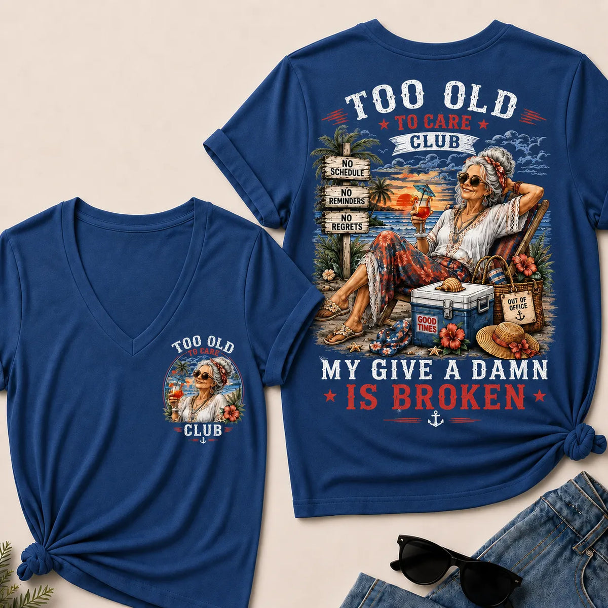 Too Old to Care Club – Out of Office V-Neck T-Shirt