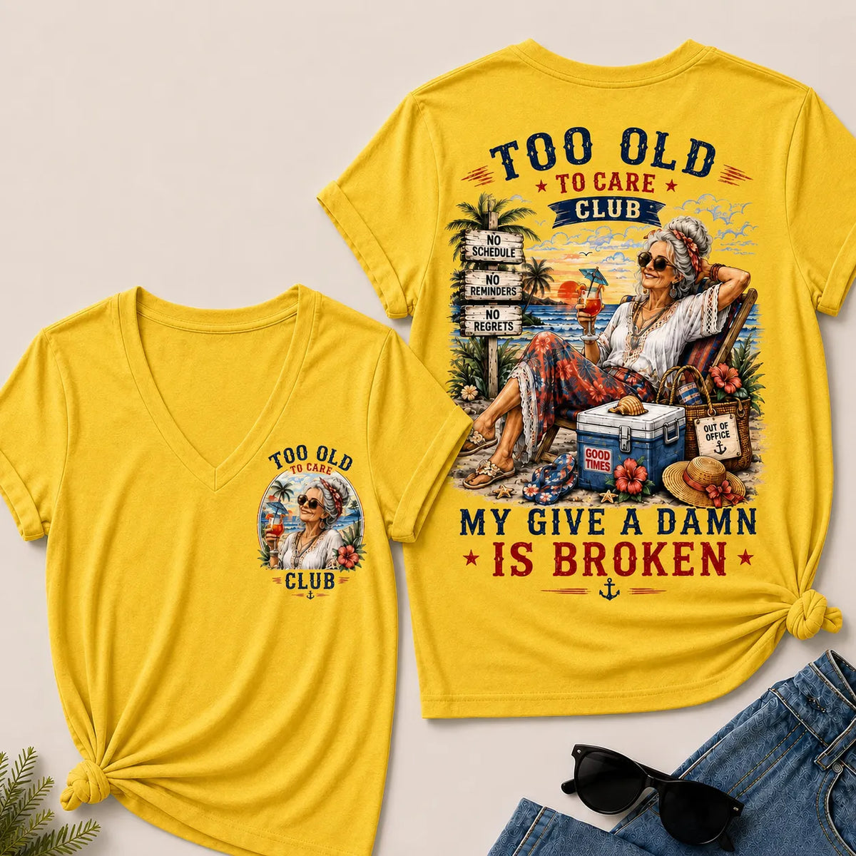 Too Old to Care Club – Out of Office V-Neck T-Shirt