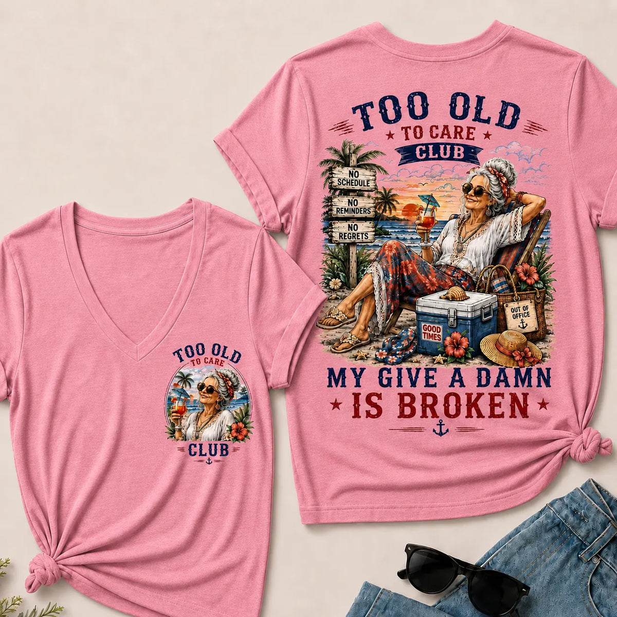 Too Old to Care Club – Out of Office V-Neck T-Shirt