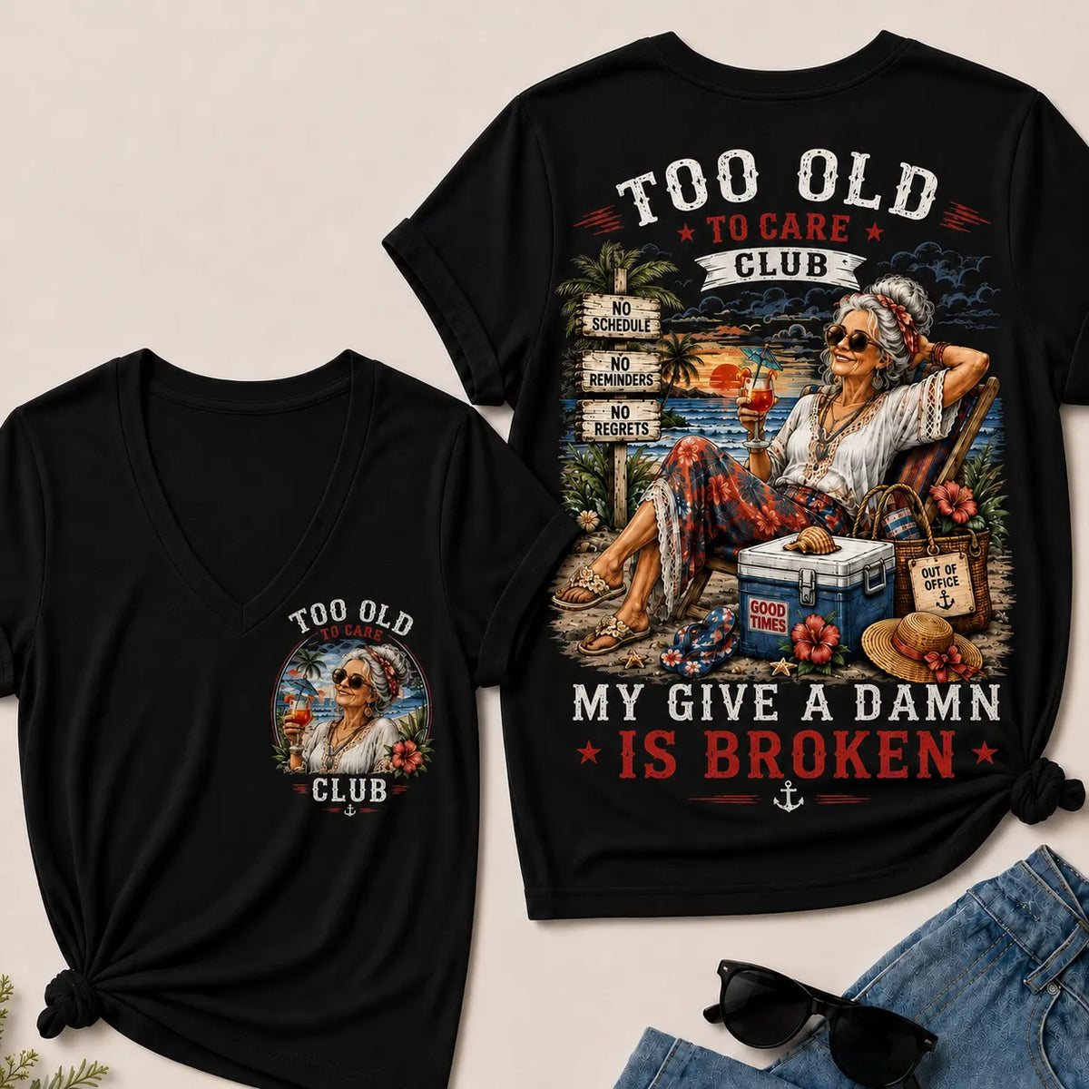 Too Old to Care Club – Out of Office V-Neck T-Shirt